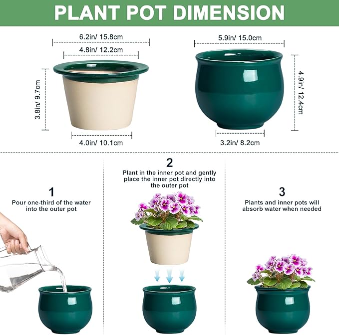 6 Inch Self Watering Plant Pots, Ceramic African Violet Pot with Absorbent Inner Pot, Easy Self Watering Pots for Indoor Plants, Ceramic Planter, Room Decor, Plant Lover Gifts, Blackish Green Teagas