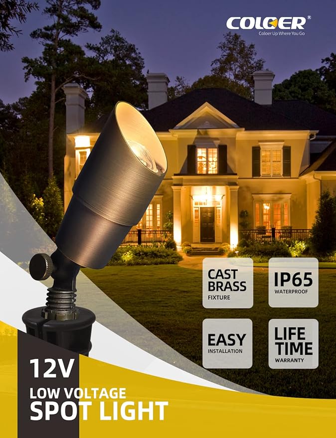 COLOER Die-cast Brass Low Voltage Spotlight 1-Pack with 5W Aluminum Housing MR16 LED Bulb 2700K 450LM CRI85+,12V AC/DC Outdoor Landscape Lighting, Directional Garden Patio Spot Up Light(101B) COLOER