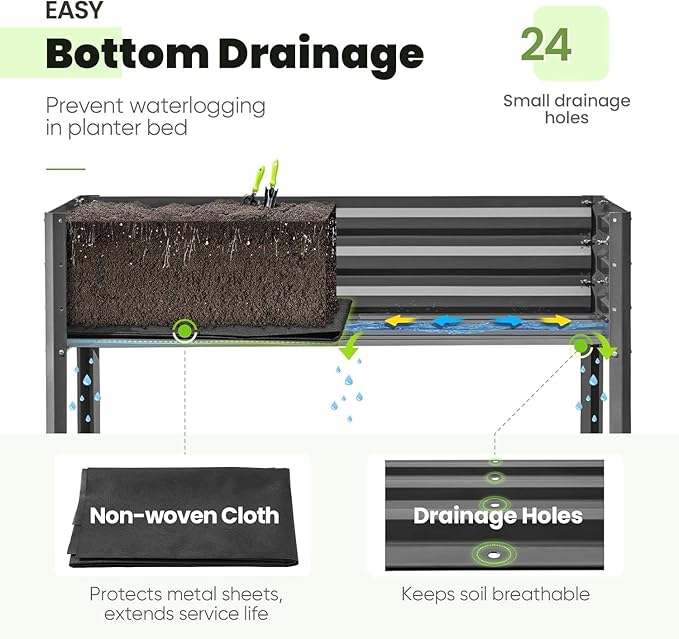 KING BIRD Raised Garden Bed with Irrigation System and Legs Galvanized Elevated Planter Box 48×24×31.5 in for Backyard, Patio, Balcony, 400lb Capacity, Dark Grey KINGBIRD