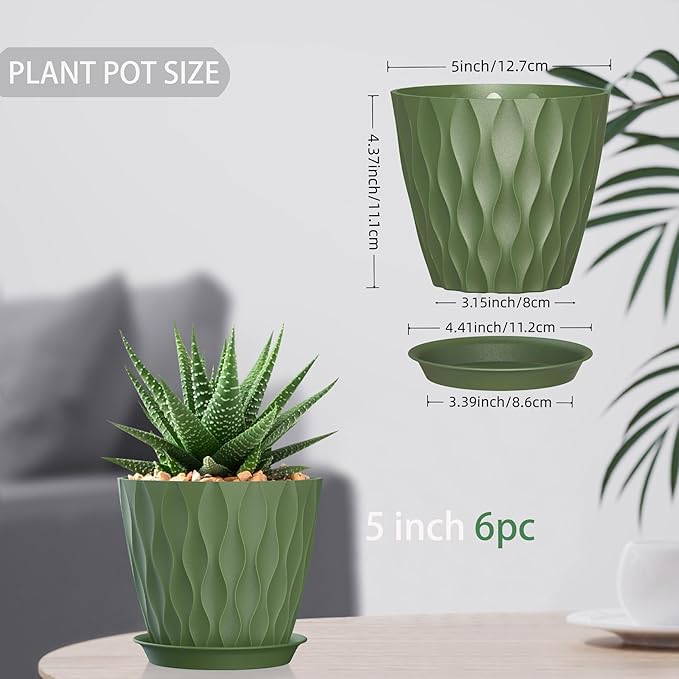 5 Inch Planter Pots, 6 Pack Indoor Planters, Small Flower Pots with Drainage Holes and Tray for Succulents, Orchids, Herbs and Other Indoor Plants (Green, 5inch) SQKH
