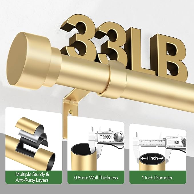 Curtain Rods for Windows 72 to 144, 1 Inch Adjustable Gold Heavy Duty Long Window Curtain Rod with End Caps, Modern Style Indoor Outdoor Drapery Rods for Patio Bedroom, Size 32" - 150" TimeForest