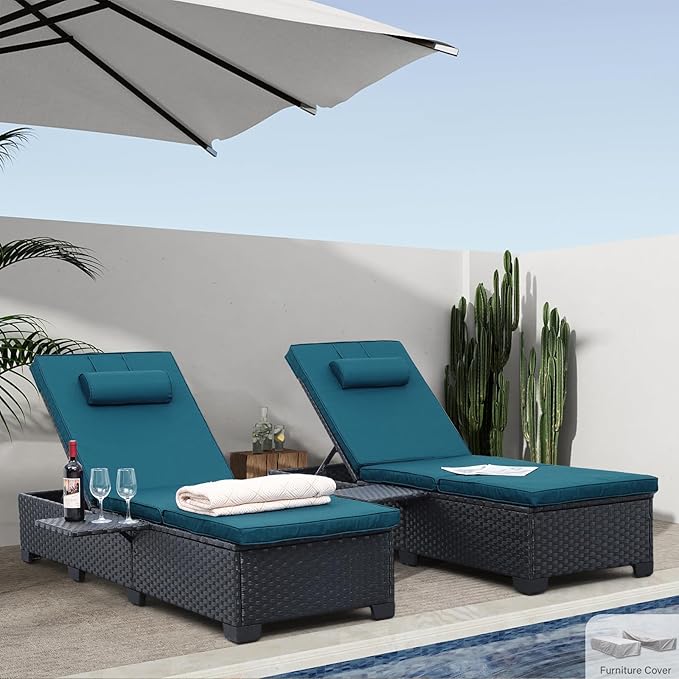WAROOM Outdoor Chaise Lounge Chairs for Outside Patio Furniture Set of 2 Wicker Recliner Black Rattan Sunbathing Lounger Adjustable Backrest Pool Reclining Chair, Peacock Blue Cushion WAROOM