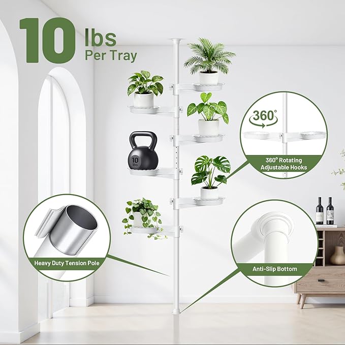 Tension Rod Plant Stand, Plant Poles for Hanging Plants Indoor, 6 Tier Tension Pole Plant Hanger, Floor to Ceiling Plant Pole with 6 Trays Hanging Plant Stand, White Zononoca
