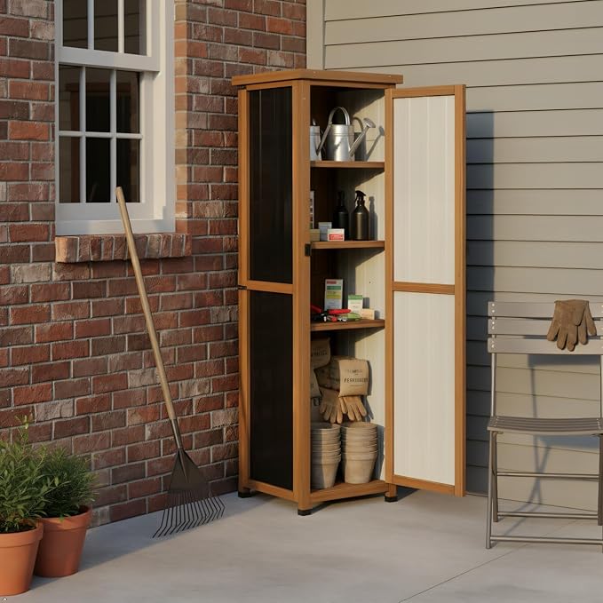 62" H Outdoor Corner Storage Cabinet with Lockable Doors, Outdoor Indoor Small Storage Cabinet with Metal Top, 3 Adjustable Shelves for Patio, Porch, Entryway or Small Spaces PETSCOSSET