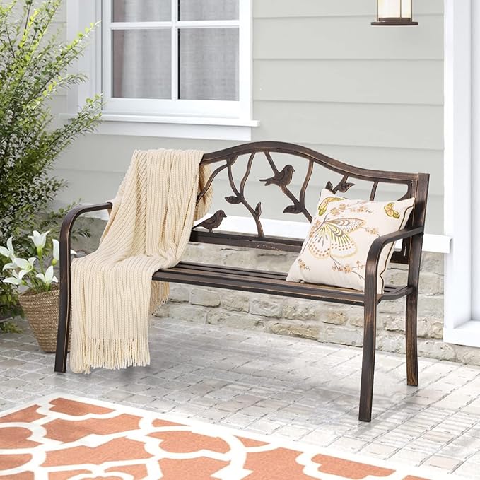 Sophia & William Outdoor Bench, Porch Bench, Garden Bench, Wrought Iron Bench with Backrest and Armrests, Bronze SophiaWilliam