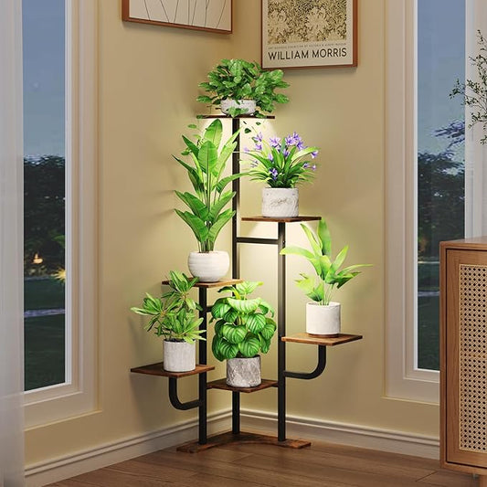 Corner Plant Stand with Grow Light - 6 Tier Plant Stand Indoor Square Metal Plant Shelf with Adjustable Light, Plant Organizer for Living Room, Graden, Home Decor (Brown) Homsorout