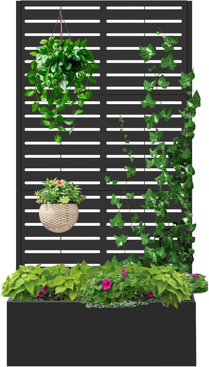 Metal Raised Garden Bed with Trellis,Planter Box for Climbing Plants, Vegetables & Vines, Features Drainage Holes and Privacy Screen.raised garden beds outdoor planters for porch (Black, 71"x35"x16") Gawicpy
