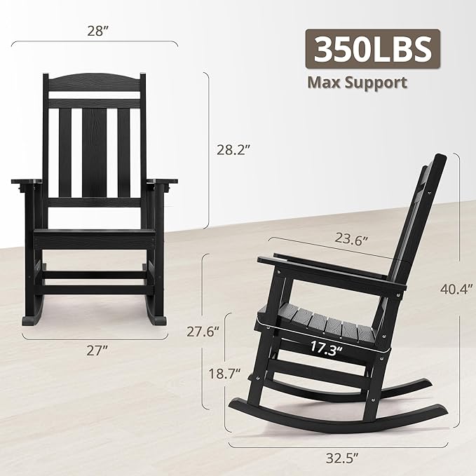 LUE BONA Outdoor Rocking Chairs Set of 2, Weather Resistant Poly Plastic Rocker, 350lb Heavy Duty, Oversized Porch Rocker for Adult, High Back Smooth for Outdoor & Indoor, Black LUEBONA