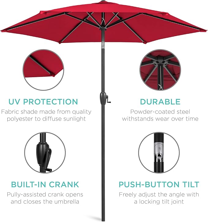 Best Choice Products 7.5ft Heavy-Duty Round Outdoor Market Table Patio Umbrella w/Steel Pole, Push Button Tilt, Easy Crank Lift - Red BestChoiceProducts