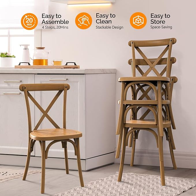 VINGLI Plastic Outdoor Dining Chairs Set of 2, Stackable Patio Dining Chairs with X Back, Waterproof Kitchen & Dining Room Chairs for Indoor-Outdoor, Capacity 400 lbs, Farmhouse Brown VINGLI