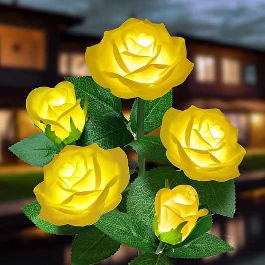 Solar Flower Lights Outdoor - Upgraded New Material Two Modes Realistic LED Solar Powered Waterproof Lights with 5 Roses, Solar Decorative Stake Lights for Garden (Yellow, 1 Pack) LightYourLife