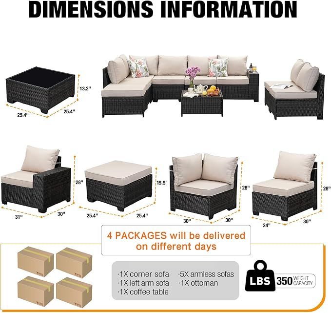 9 Pieces Patio Furniture Set All-Weather Outdoor Wicker Sectional Conversation Sofa Rattan Patio Seating Sofa with Cushion and Glass Table and Ottoman for Porch Poolside,Beige JOYURE