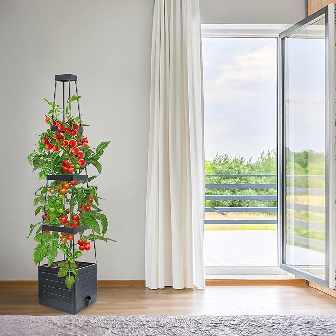 Raised Garden Bed 4 Packs, Planter Boxes with Trellis 58.3'' Tomato Planters for Climbing Vine Vegetables Flowers Plants Self Watering Tomatoes Cage for Outdoor Patio Greenhouse MYMULIKEHOME
