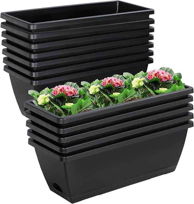 12Pcs 17Inches Rectangle Planter Box with Drainage Holes and Trays Plastic Planters Flower Boxes Pots for Indoor Outdoor Plants Patio Garden Home Decor Porch Yard (Black) Lysjtsr