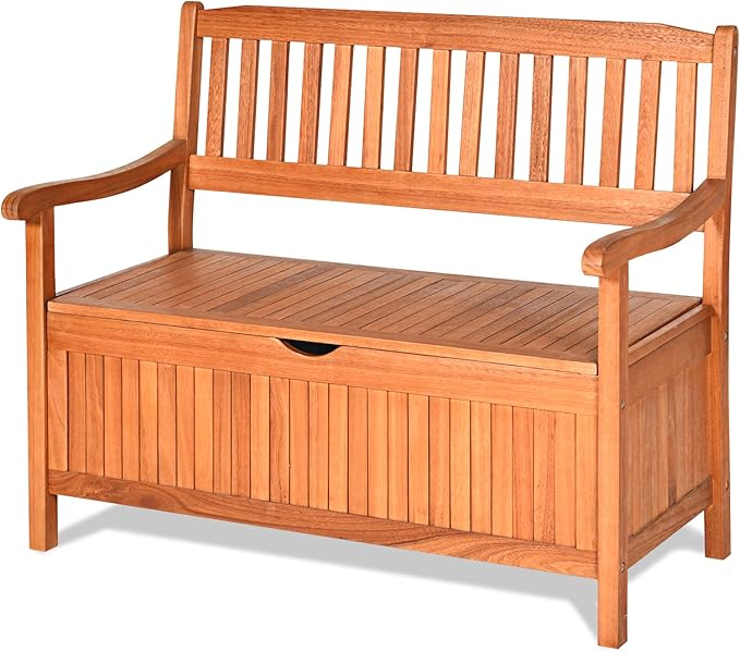 Tangkula Outdoor Wood Storage Bench Deck Box, Entryway Porch Storage Bench with Inner Removable Dust-Proof Lining & Portable Handles, Eucalyptus Wood Loveseat for Garden, Lawn, Balcony & Yard TANGKULA