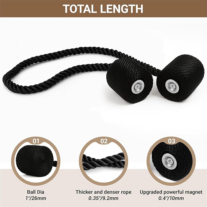 Hion Magnetic Curtain Tiebacks Black 2pcs, Curtain Tiebacks Buckles Holdbacks Holders Hooks Clip for Home Bedroom Office Decorative Curtain Hion
