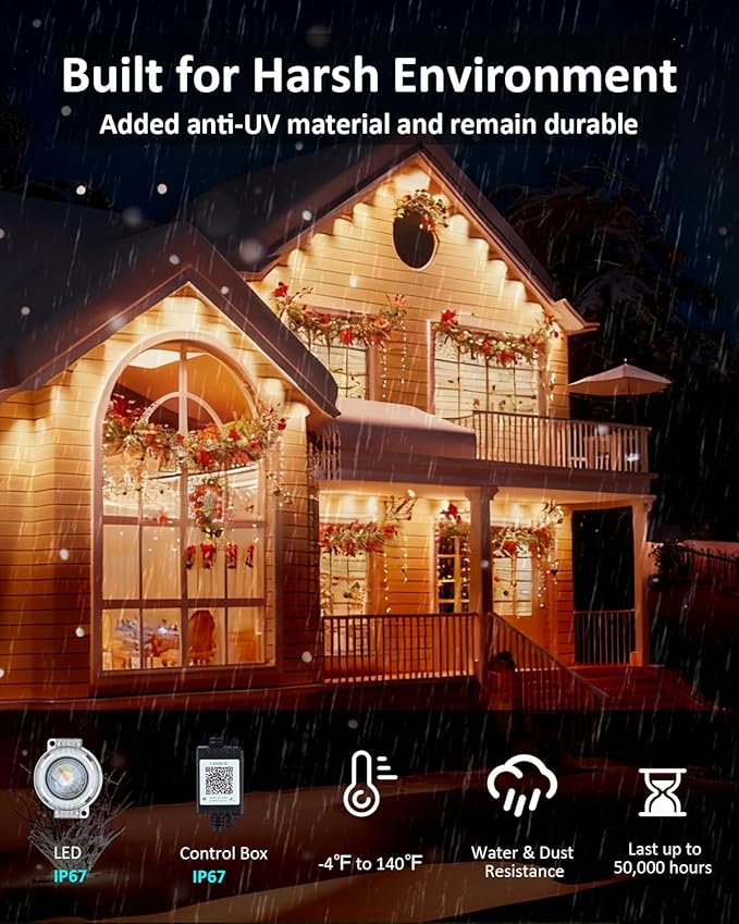 20FT Permanent Outdoor Lights, RGB LED Eaves Lights with IP67 Waterproof, Smart App Remote Control, Music Sync, for Christmas, Party, All Holiday Decorations Rootora