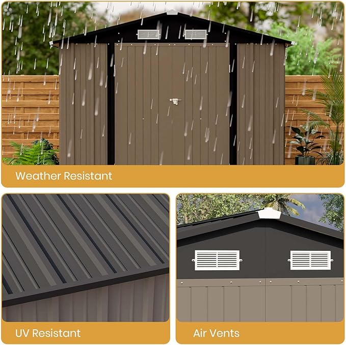 Patiowell 12 x 8 FT Outdoor Storage Shed, Steel Shed Storage House with Design of Lockable Doors, Utility and Tool Storage for Garden, Patio, Backyard, Outside use, Brown Patiowell