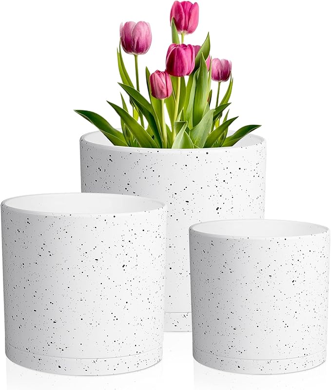 8/7/6 inch Flower Pots, 3 Set Cylindrical Plant Pots for Outdoor Indoor Plants, Decorative Plastic Planters with Drainage Holes and Saucers for Garden House Plants, White with Black Speckles Meowell