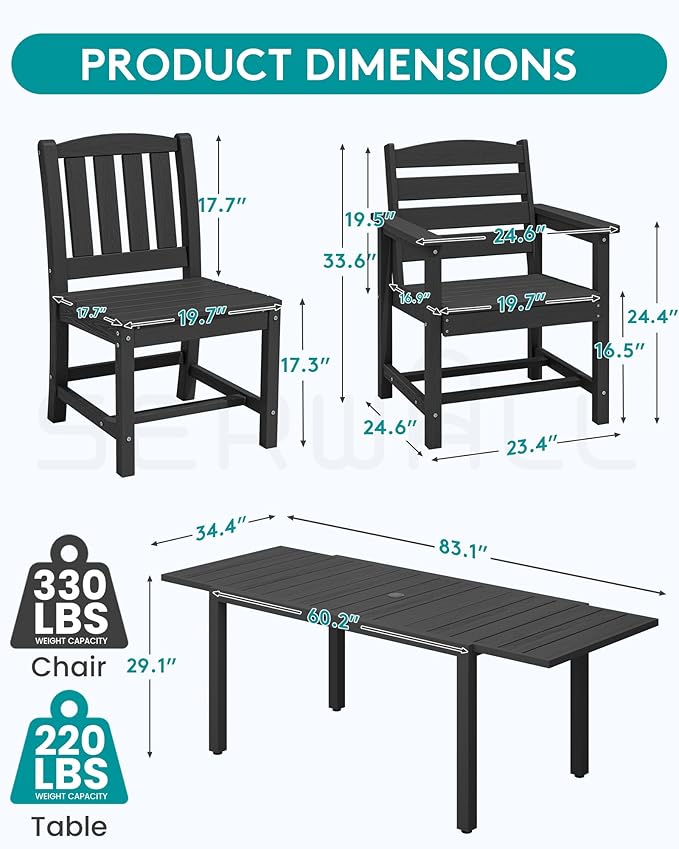 SERWALL 7-Piece Outdoor Dining Set, 60" - 83" Expandable Outdoor Dining Table and 6 HDPE Chairs, All Weather HDPE Outdoor Furniture Set for Backyard, Garden, Black SERWALL