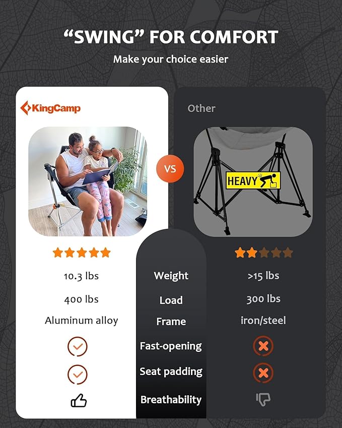 KingCamp Hammock Chair with Footrest – Heavy Duty Swinging Rocking Camping Chairs for Adults up to 400lbs, Folding Portable Oversized Rocker with Cup Holder & Pillow for Outdoor Beach Lawn RV Sports KingCamp