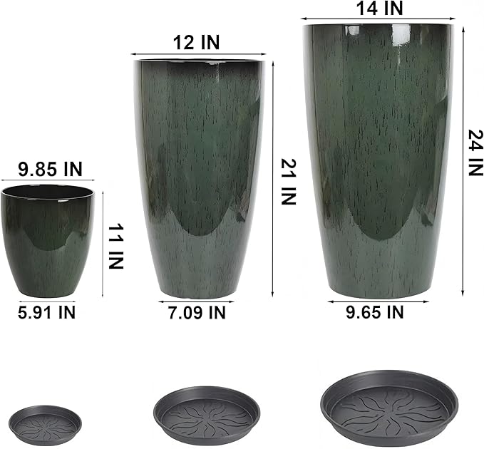 24,21,11 Inch Large Plastic Planters with Drainage Hole and Saucer - Set of 3 Tall Plant Pots Indoor Flower Pot Tall Round Planters Outdoor Large Tall Planter MinCHI257