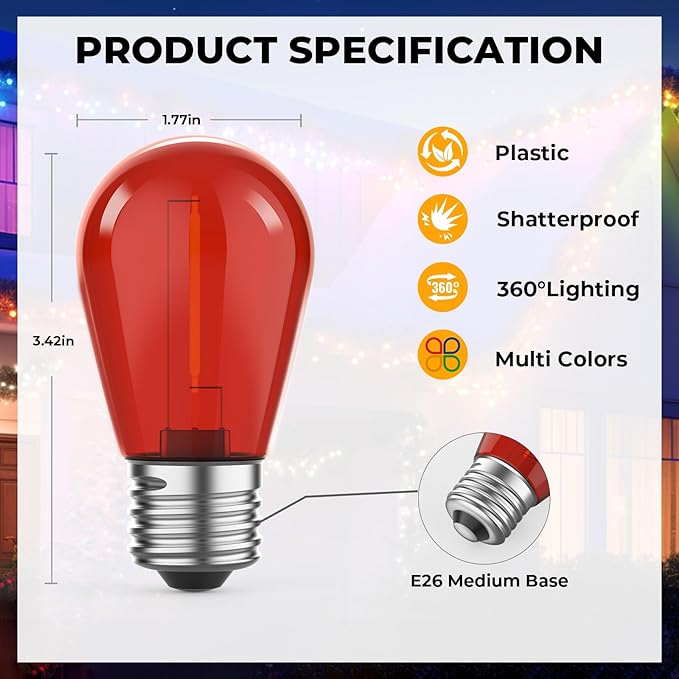 24 Pack S14 Colored LED String Light Bulbs, 1W Plastic Shatterproof Replacement Bulbs for Outdoor Patio Backyard Lights, E26 Medium Base, Warm White 2200K, Dimmable, Red/Green/Blue/Orange GvvooHome