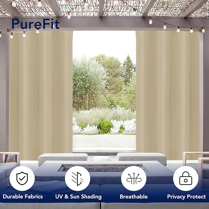 PureFit Outdoor Curtains for Patio Waterproof Weatherproof, UV Resistant Outside Curtains for Gazebo, Front Porch, Pergola, Sun Blocking Privacy Curtain, 52W x 108L inch, 1 Panel, Beige PureFit