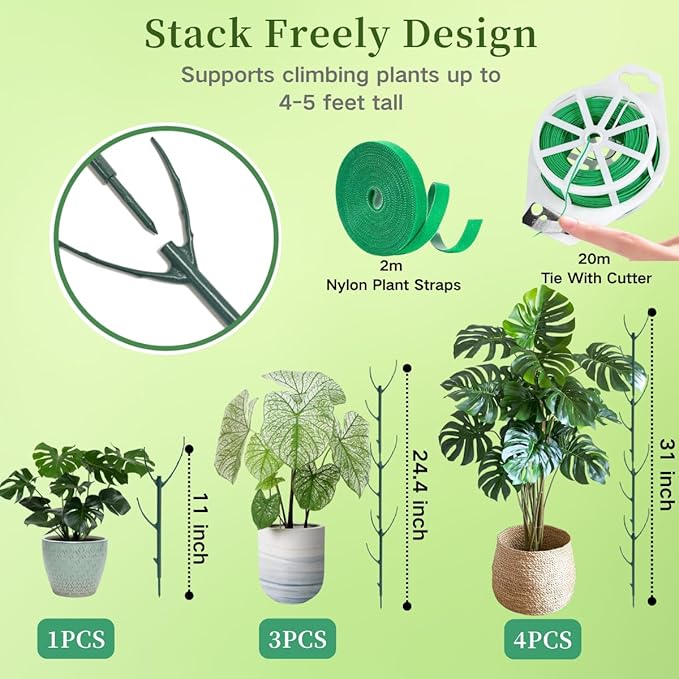 10 Pack Stackable Plant Support Stakes, 75inch Climbing Plant Sticks Structures for Monstera with Garden Ties, Durable Alternative to Moss Pole for Indoor Outdoor Plants YOYOKIT