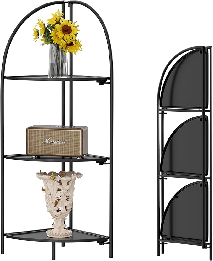 Crofy Foldable 3 Tier Corner Shelf, Metal Corner Plant Stand with Black Frame and Black Shelves, Corner Display Rack Multipurpose Shelving Unit for Living Room, Bedroom, Bathroom CrofyLLC