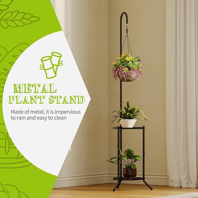 Plant Stand with Hooks Indoor Outdoor Corner Tall Plant Stand Heavy-Duty Metal 3-Tier Plant Shelf Holder Rack for Patio Garden Balcony Living Room Bedroom(semicircular Black) BMOSU
