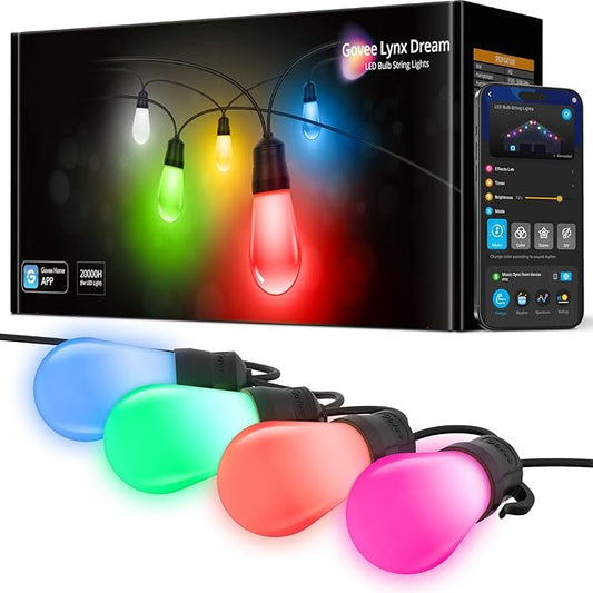 Govee Smart Outdoor String Lights H7016, 96ft RGBIC Outdoor Lights with 30 Dimmable LED Bulbs, IP65 Waterproof, Color Changing Warm White Lights with 47 Scene Modes for Patio, Backyard, App Control Govee