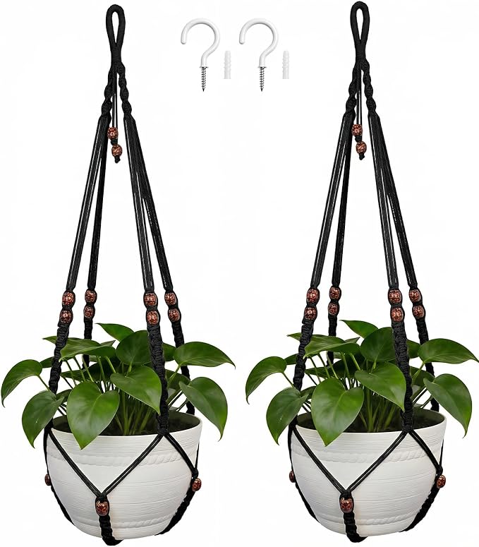 35 Inch Macrame Plant Hanger, Large for up to 15 Inch Pot Extra Long Hanging Planter Holder Basket with Wood Beads for Indoor Outdoor Home Decor (Black, 2-Pack) Rootora