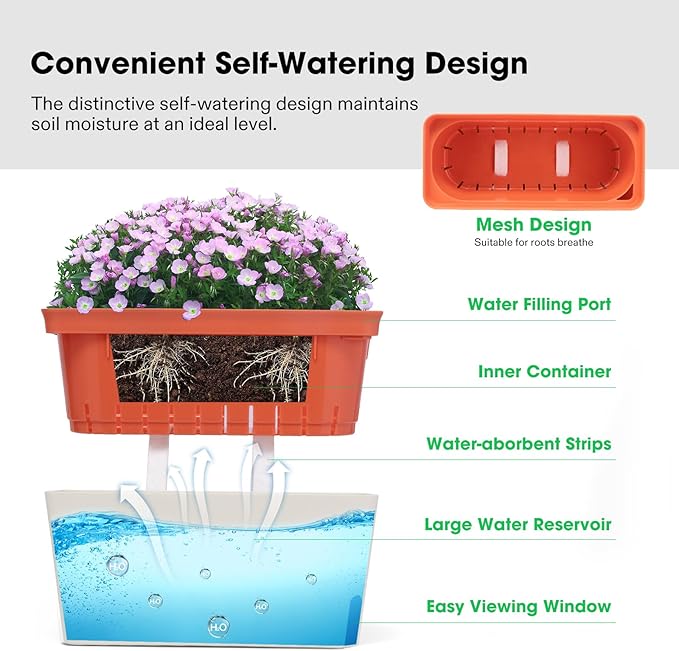 VIVOSUN Self-Watering Planters, 6-Pack 10.5 Inch Compact Rectangular Window Herb Planter Box with 10 PCS Plant Labels, Plant Container for Basil, Flowers, Succulents, Indoor & Outdoor VIVOSUN