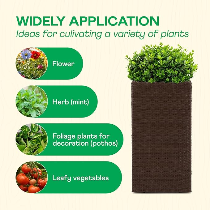 IDZO All-Weather Wicker Planters, Set of 2, 24 in Tall Wicker Planters, Self-Watering with Drainage, Durable PP Material, Raised Garden Bed Alternative, Indoor Outdoor Use, Modern Rattan Design Idzo