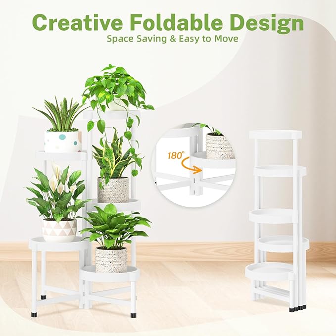 iDavosic.ly 5 Tier Folding Plant Stand Indoor Outdoor with Plastic Tray, Tiered Corner Flower Holder Shelf, Metal Orchid Display Rack for Patio Porch Living Room Garden Balcony, White iDavosicly