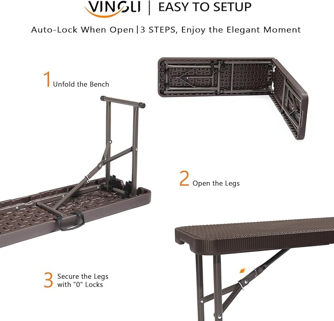VINGLI 6 feet Plastic Folding Bench,Portable in/Outdoor Picnic Party Camping Dining Seat, Garden Soccer Multipurpose Entertaining Activities, Rattan Patterned HDPE Tabletop, 2 Pack, Brown VINGLI