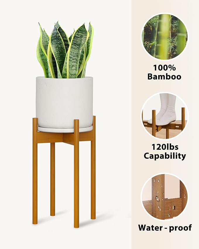 Adjustable Plant Stand Indoor, Bamboo Plant Stand Fits 8 9 10 11 12 Inches, Small Corner Planter Holder for Indoor Plants, Single Floor Plant Stands for Living Room Balcony, Light Brown Tall Gentingbro