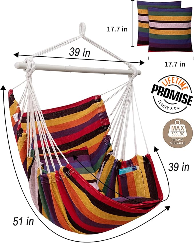 MIZTLI Hammock Chair Hanging Chair Swing Chair Hanging Chair for Bedroom Indoor Outdoor- Max 500 Lbs－Steel Spreader Bar with Anti-Slip Rings, 2 Cushions MIZTLI