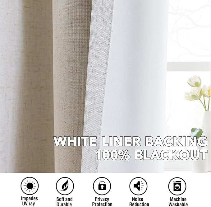 H.VERSAILTEX Linen Curtains 100% Blackout Curtains for Bedroom 102 inch Long Full Light Blocking Nature Linen Blended Window Curtains for Living Room Nickel Grommet (2 Panels, Heathered Natural) HVERSAILTEX