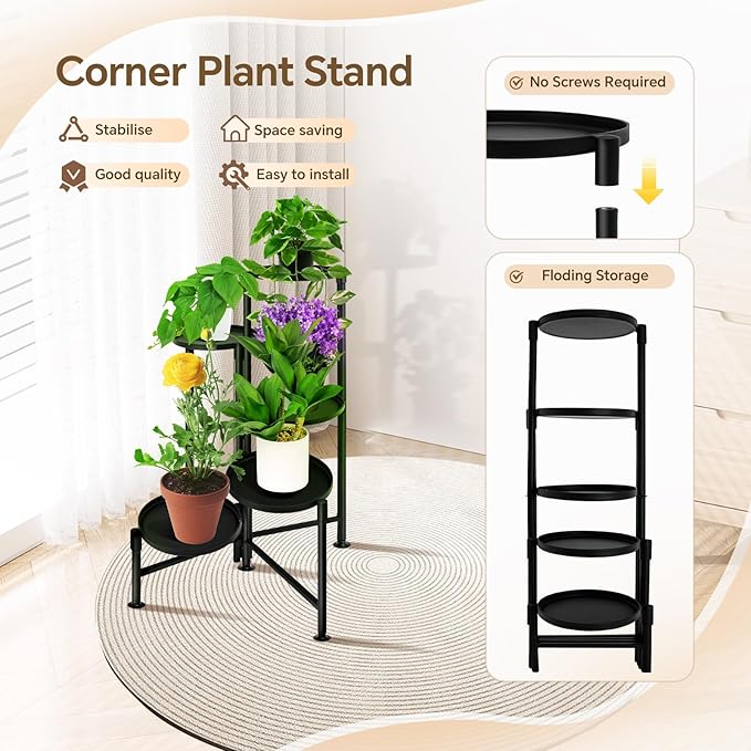 5 Tier Plant Stand Indoor, Metal Corner Plant Shelf Outdoor, Foldable Tall Plant Rack for Mutiple Plants, Flower Pot Holder Display Stand for Living Room Patio Home Decor for Gatdening KISENG