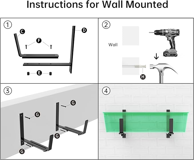 Y&M 2 Pack Adjustable Planter Box Brackets (6 to 12.5 in), Universal Window Box Brackets, Heavy Duty Iron Flower Box Wall Mounting Hooks for Balcony, Fences, Patio, and Garden - Black YM