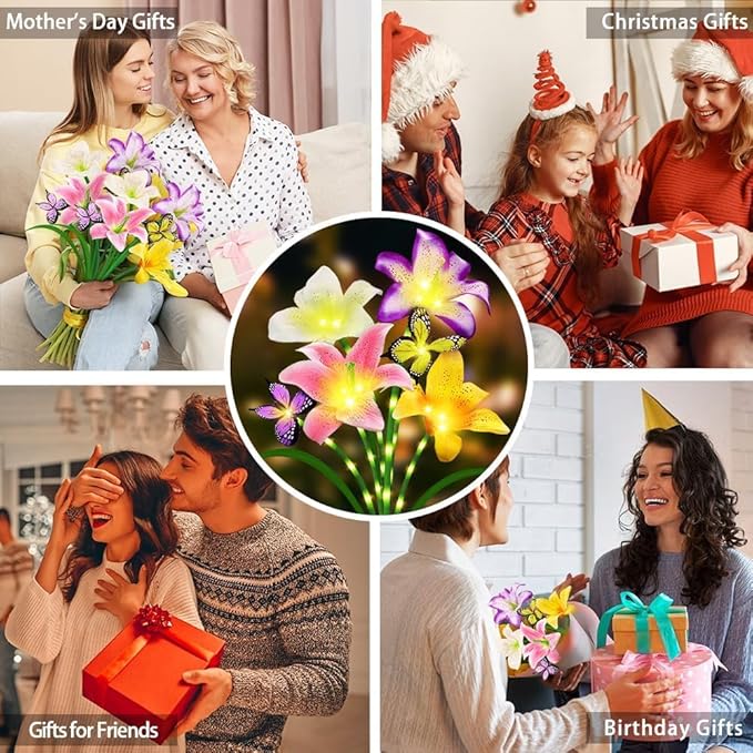6 Pack Solar Garden Lights LED Solar Lilies Flower Lights, Yard Patio Pathway Decoration High Flexibility Copper Wire Handmade Silk Artificial Flowers Never Wither, Gift for Family, Friends yulloyello