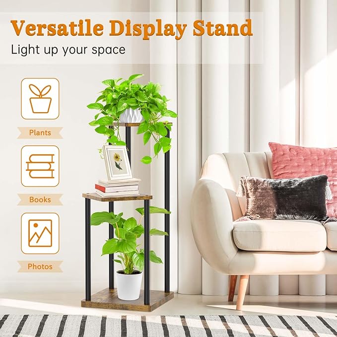 3 Tier Corner Plant Stand Indoor, Metal Wood Flower Pot Holder Shelf, Multiple Display Rack Square Table for Living Room Bedroom Orchid Outdoor Balcony Garden Patio, Modern Black & Rustic Brown Oppro