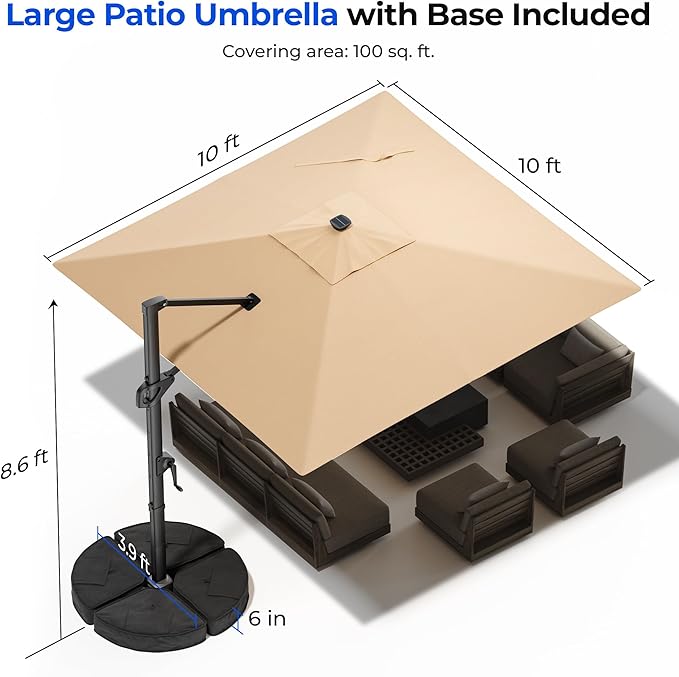 HOMSHADE 10 ft Square Cantilever Patio Umbrella with Base Included, Solar Lights Large Umbrella Outdoor Patio with 360°Rotation&Tilting, LED Lighted Offset Umbrellas w/Stand for Pool Deck HOMSHADE