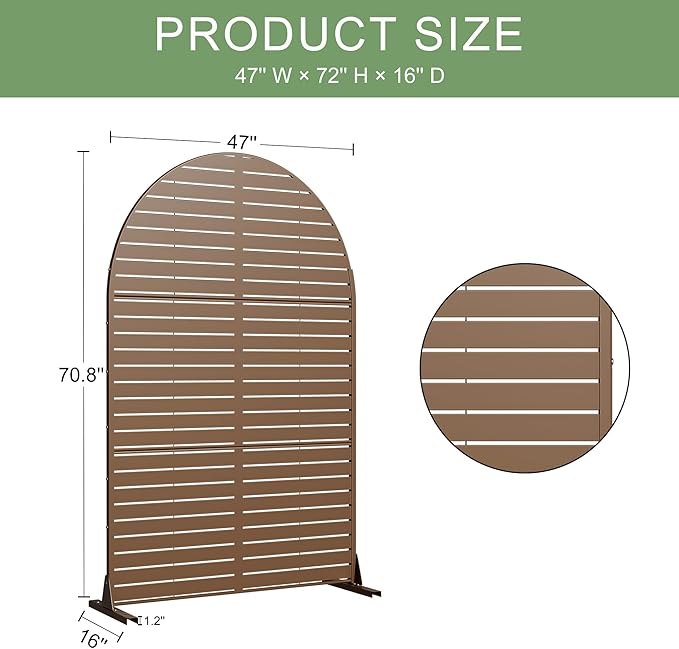 Casaphoria 72" H x 47" W Arched Metal Privacy Screen - Elegant Freestanding Outdoor Screen for Deck, Patio & Balcony - Versatile Decorative Privacy Panels for Home & Garden Use (Brown-Louvered) Casaphoria