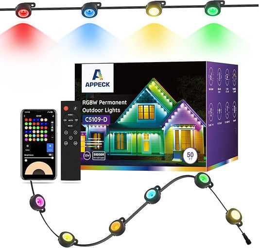 APPECK Permanent Outdoor Lights 50ft with 36 RGBW LEDs, DIY Scene Modes, LED Eaves Lights Waterproof with App Control, for Daily Holiday House Decorations, Voice/Remote Control, Black APPECK