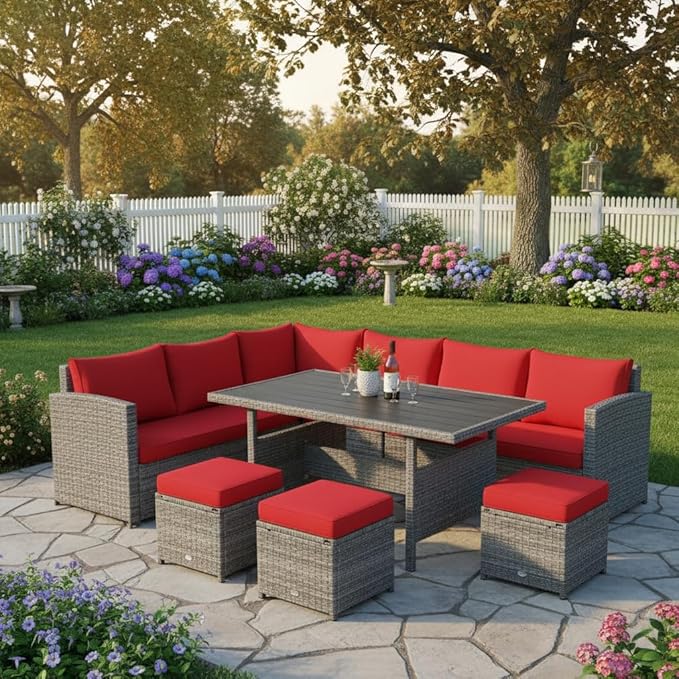Tangkula 7 Pieces Patio Furniture Set, Outdoor Sectional Rattan Sofa Set with Cushions, All Weather Wicker Conversation Couch Set w/Dining Table & Ottomans for Backyard Garden Poolside TANGKULA