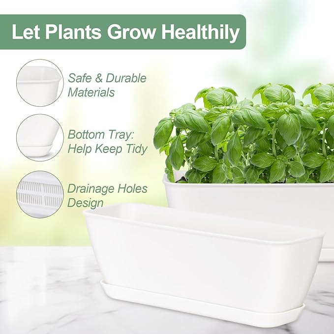 4-Piece White Rectangular Window Sill Planters with Drainage Holes and Trays (11 Inches) for Basil, Orchids, and Succulents Modern Herb Garden Planters Suitable for Indoor/Outdoor Plants Oliz