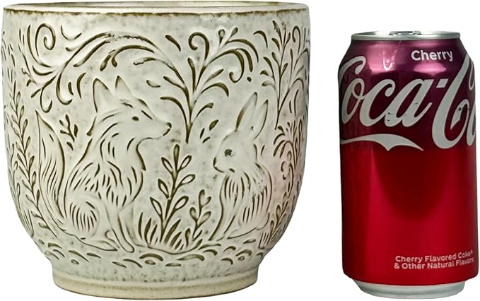 Decorative Ceramic Planter Pot with Saucer, Brown with Gold and Silver Owl Pattern, Indoor Garden Container with Drainage (White, 6 inch) Claybourne